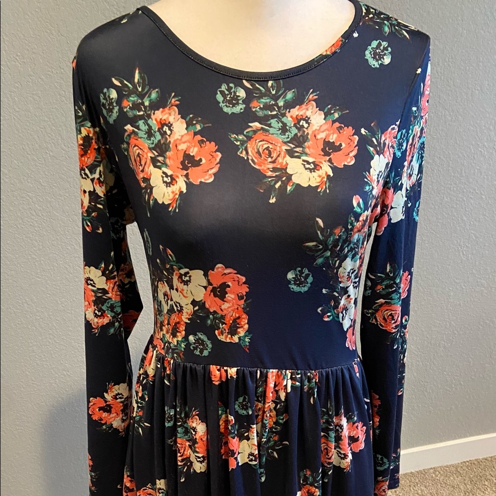 Long Sleeve Navy Floral Maxi Dress, Size Small